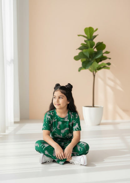 Green Leopard Print T-Shirt and Pant Co-ords