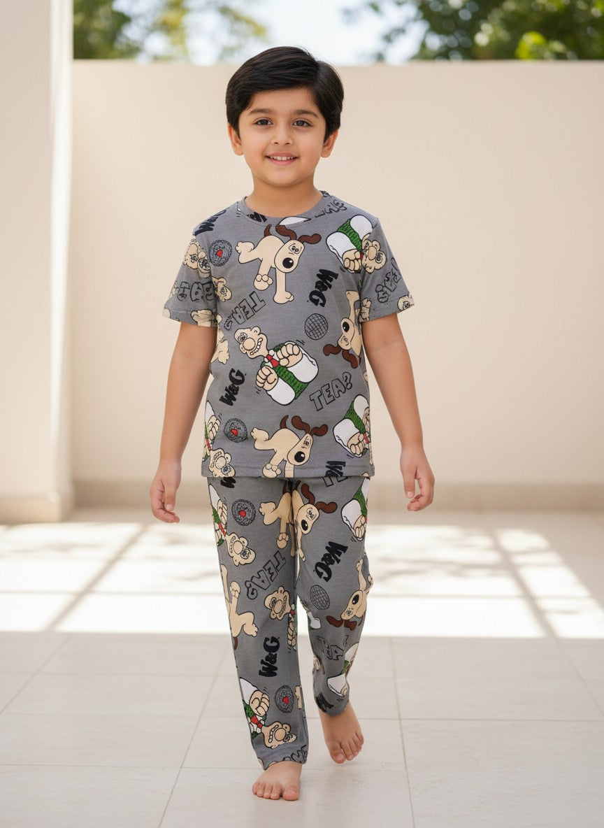 Grey Cartoon Dog Print T-Shirt and Pant Co-ords