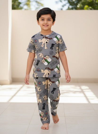 Grey Cartoon Dog Print T-Shirt and Pant Co-ords