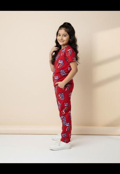 Red Tongue Graphic Print T-Shirt and Pant Co-ords