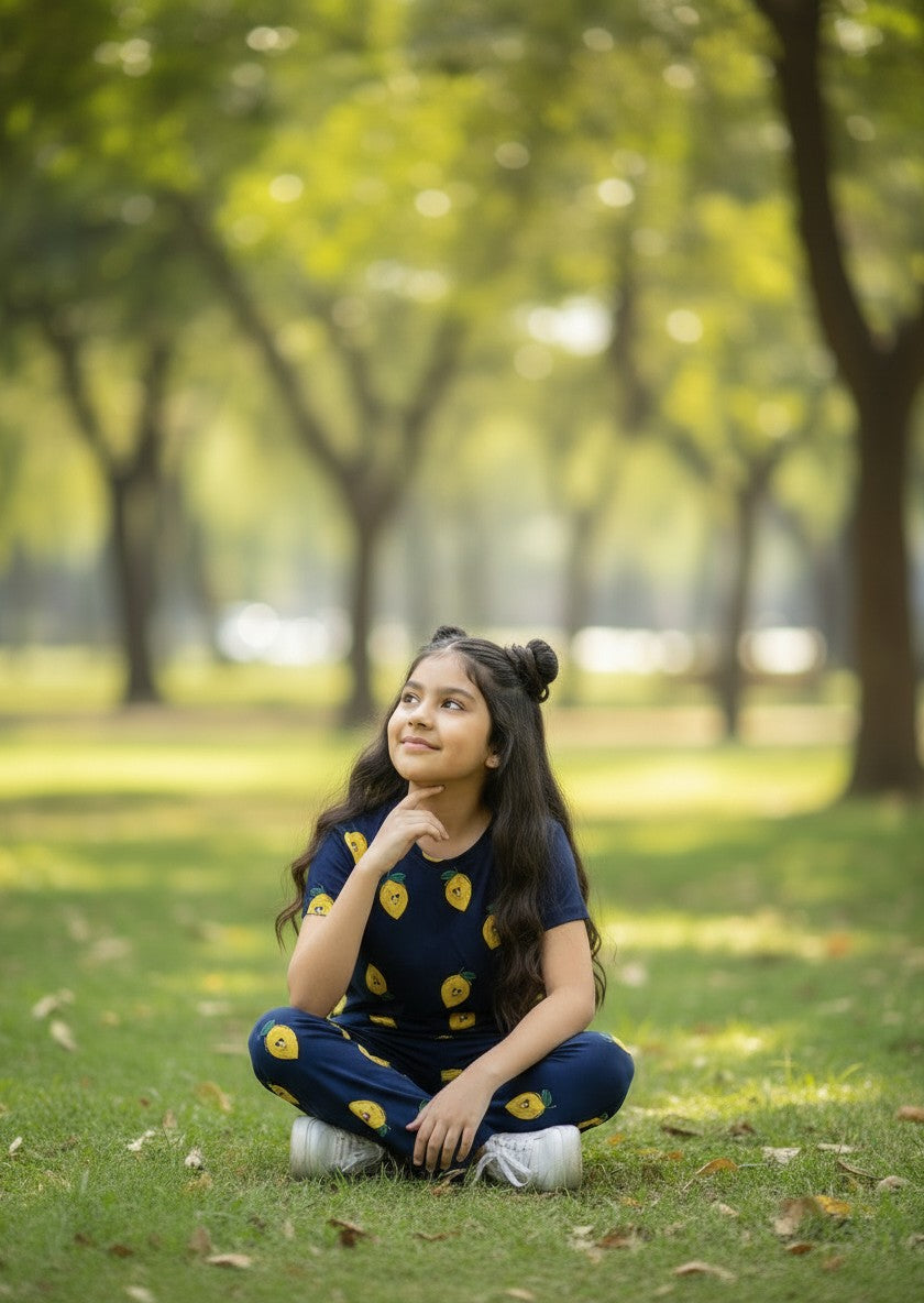Navy Lemon Print T-Shirt and Pant Co-ords