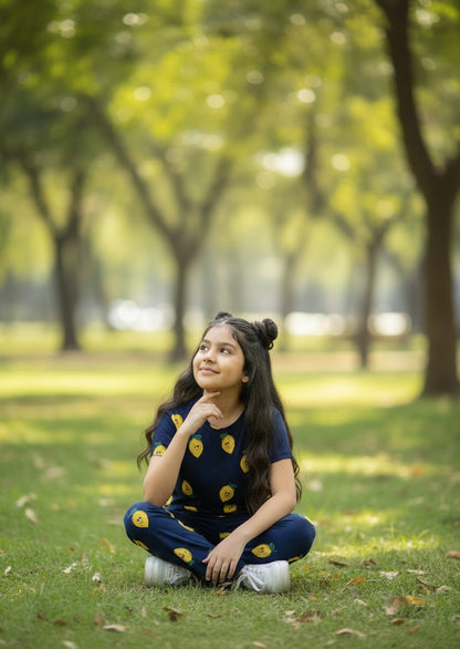 Navy Lemon Print T-Shirt and Pant Co-ords