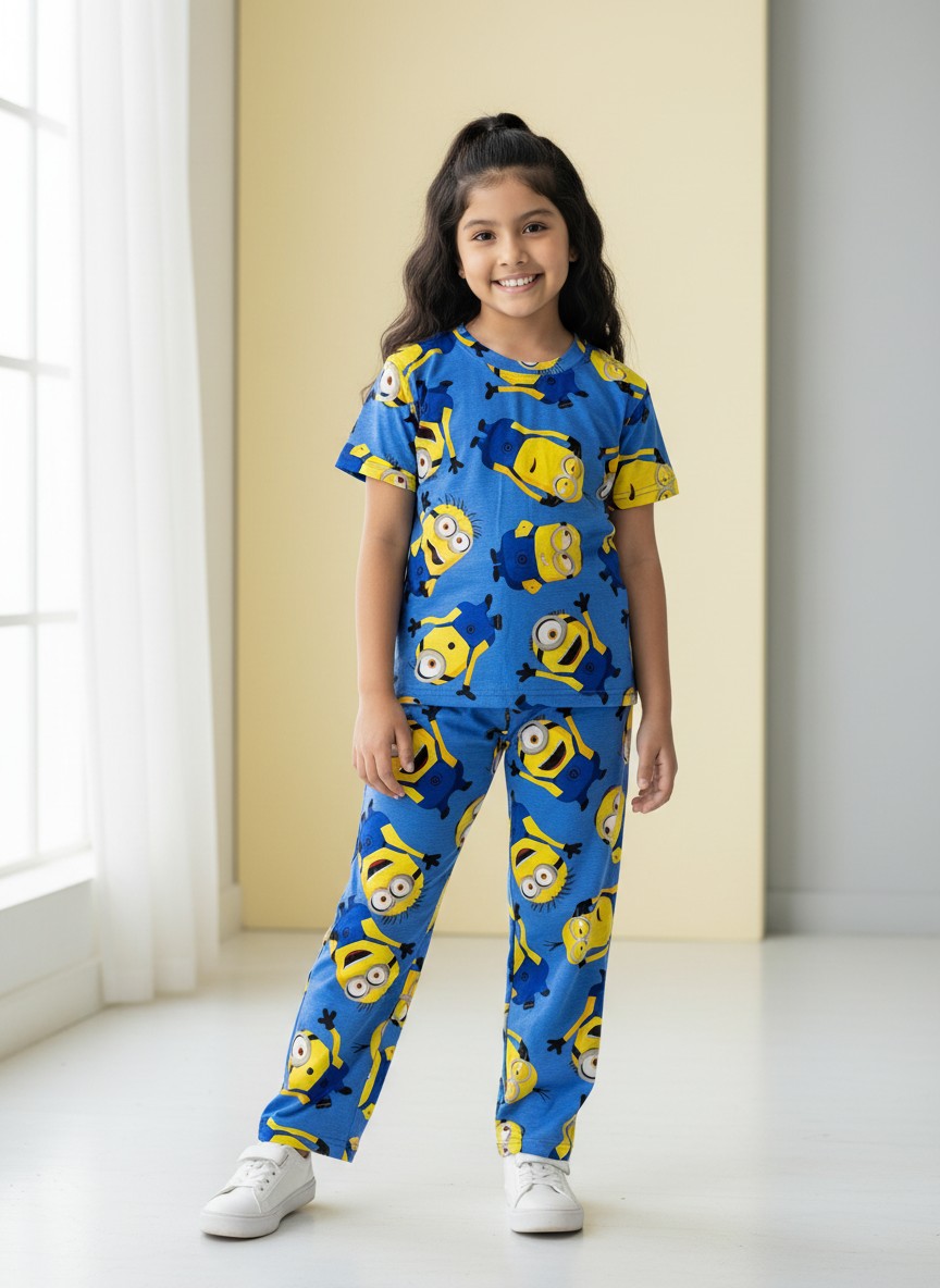 Blue Cartoon Minion Print T-Shirt and Pant Co-ords
