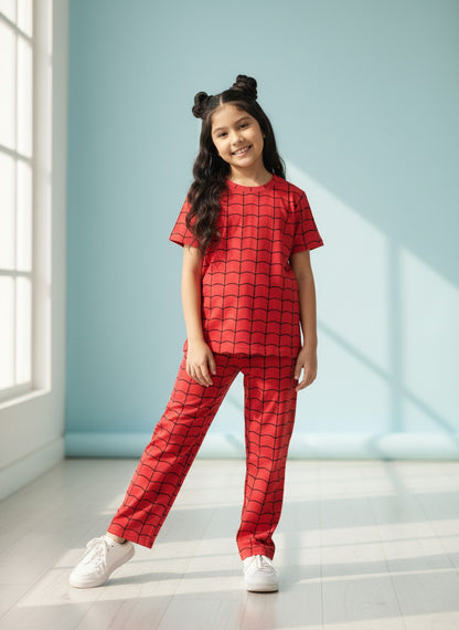 Red Spider Web Print T-Shirt and Pant Co-ords