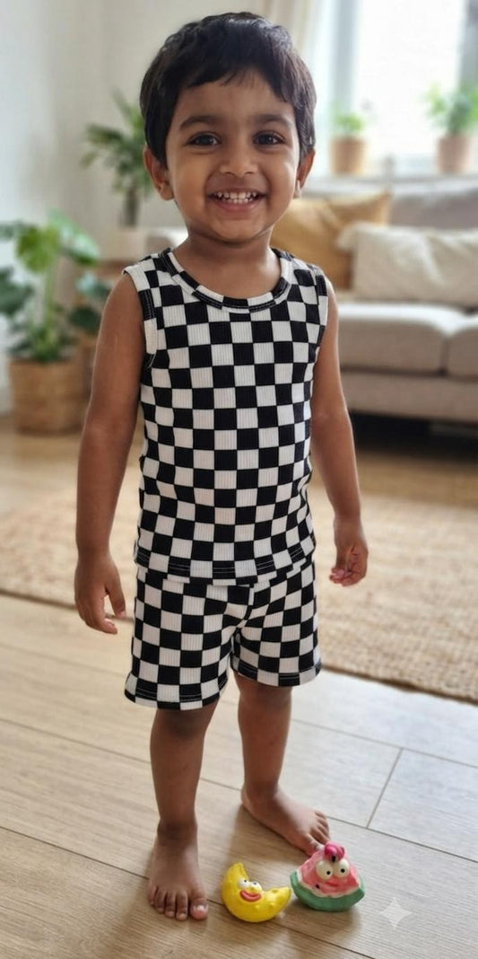 Black & White Checked Kids Sleeveless Coords