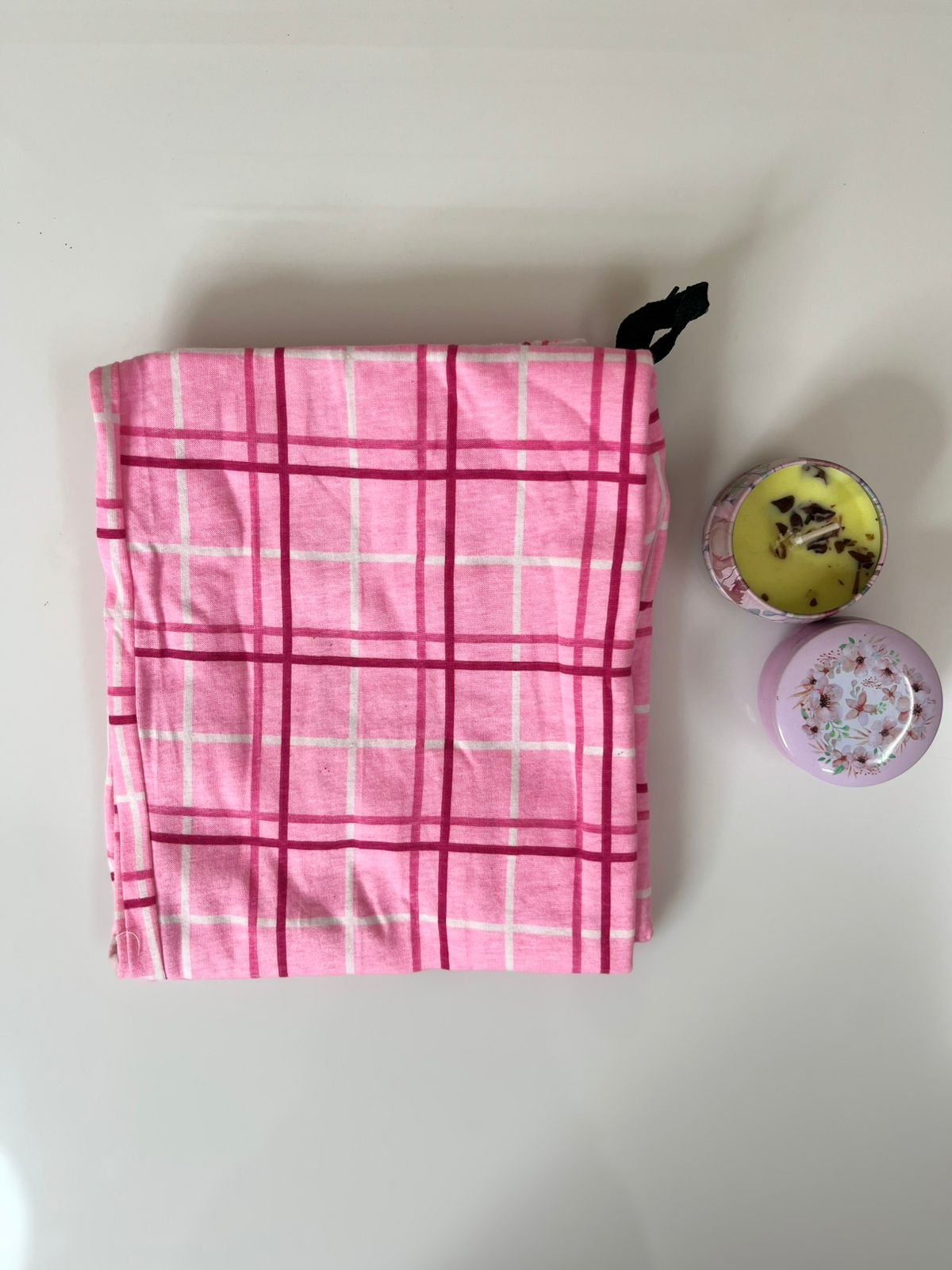 Baby Pink with Multicolor Plaid Pattern Printed Women’s Night Pant