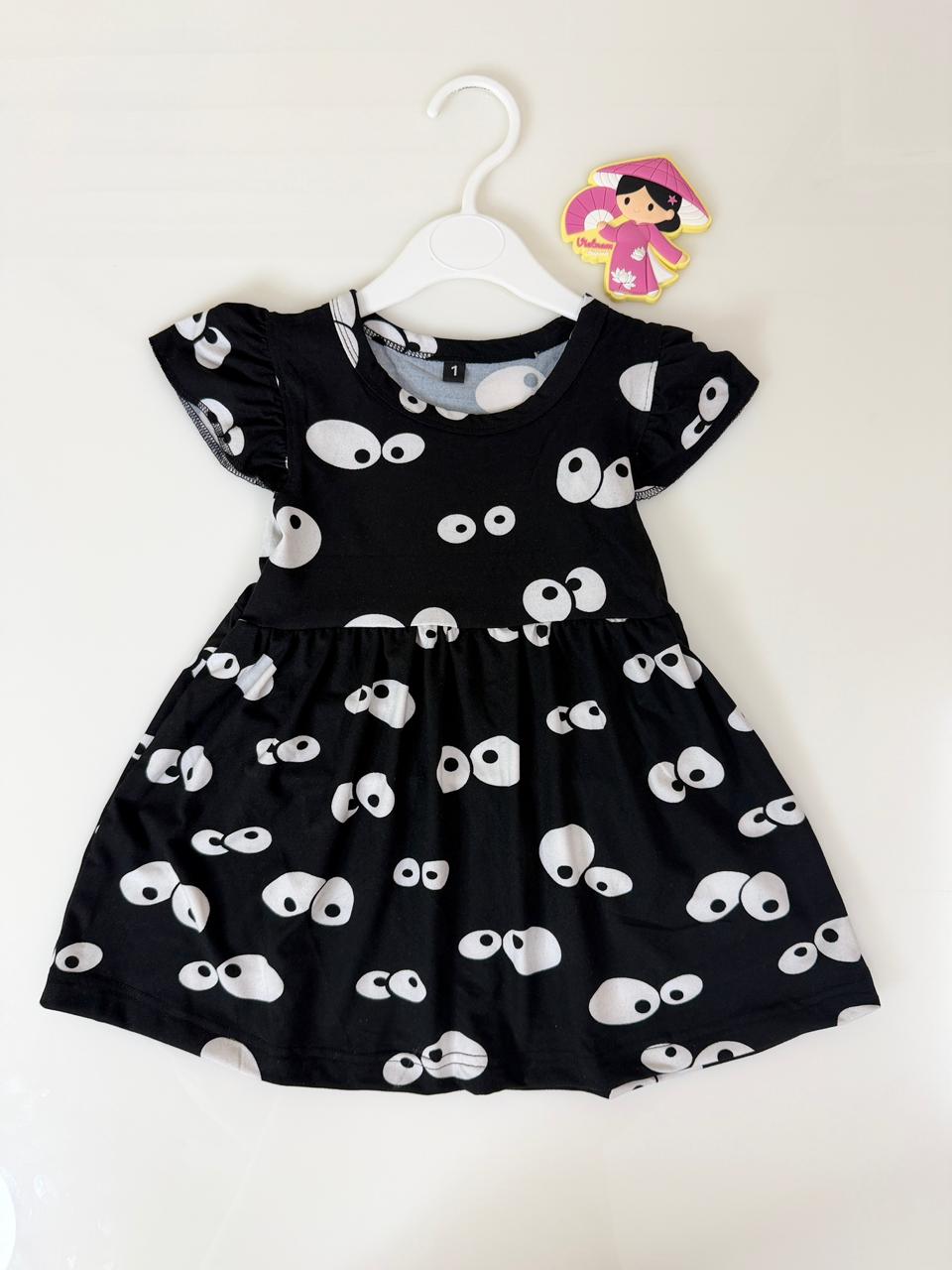Black Abstract Eyes Print Kids Frock