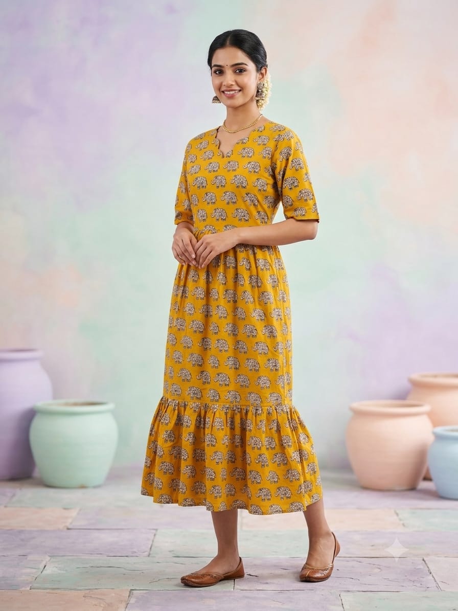 Kalamkari printed Cotton frocks Mustard elephant print