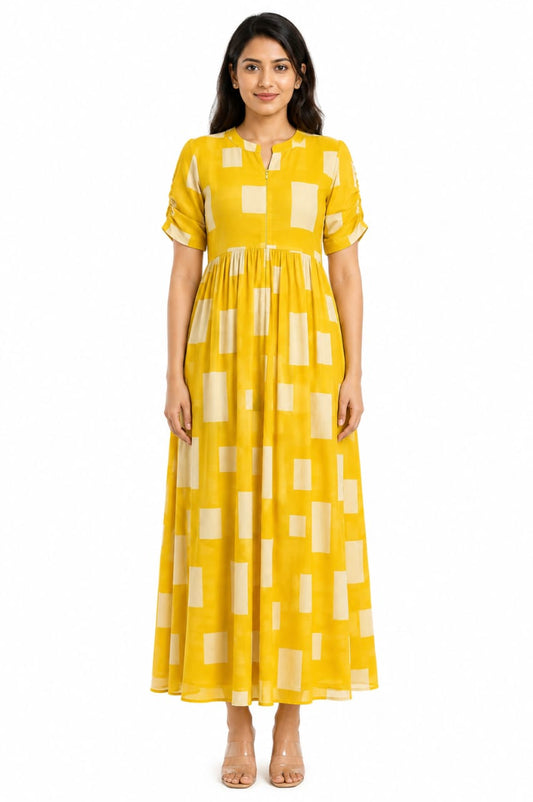 Yellow Abstract Square Print Center Zip Georgette Maxi