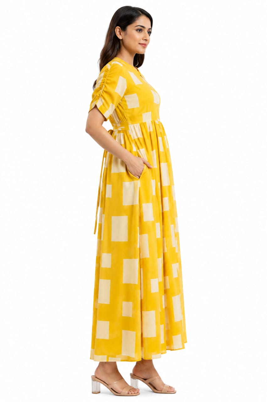 Yellow Abstract Square Print Center Zip Georgette Maxi