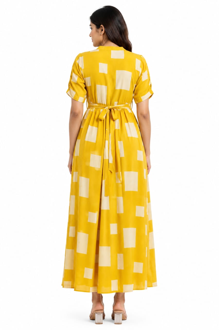 Yellow Abstract Square Print Center Zip Georgette Maxi