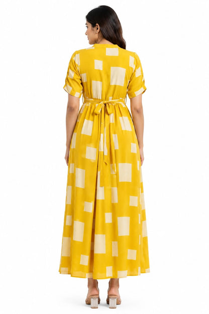 Yellow Abstract Square Print Center Zip Georgette Maxi