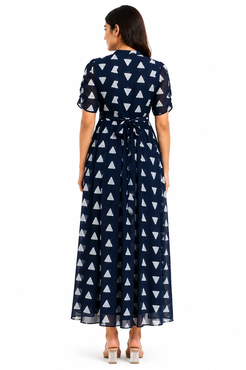 Navy Blue Geometric Triangle Print Center Zip Maxi