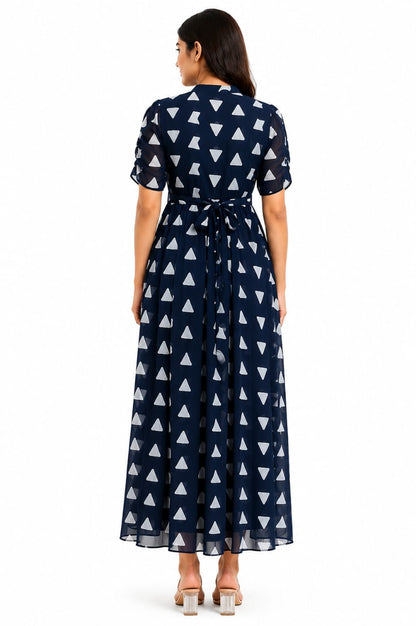 Navy Blue Geometric Triangle Print Center Zip Maxi