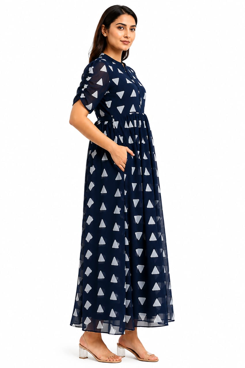 Navy Blue Geometric Triangle Print Center Zip Maxi