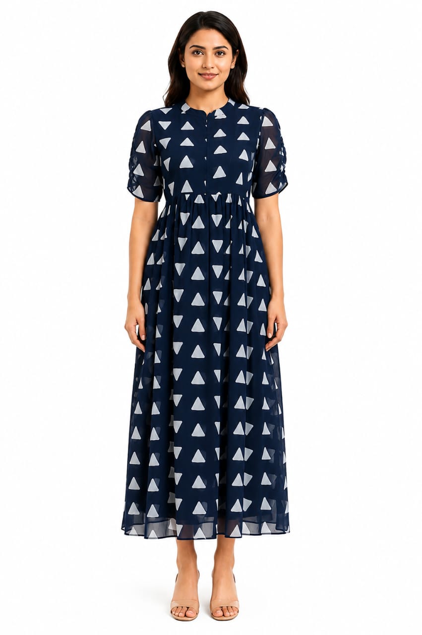 Navy Blue Geometric Triangle Print Center Zip Maxi
