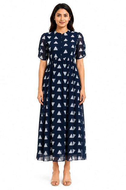 Navy Blue Geometric Triangle Print Center Zip Maxi