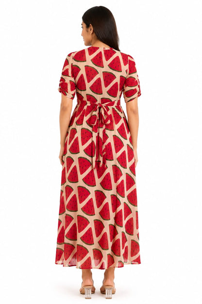 Peach Beige Watermelon Print Center Zip Maxi