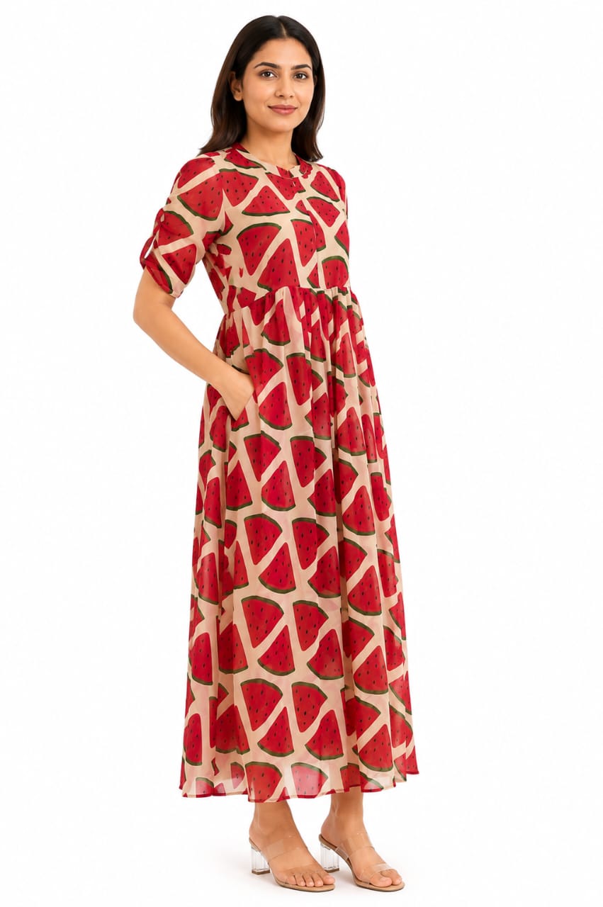 Peach Beige Watermelon Print Center Zip Maxi