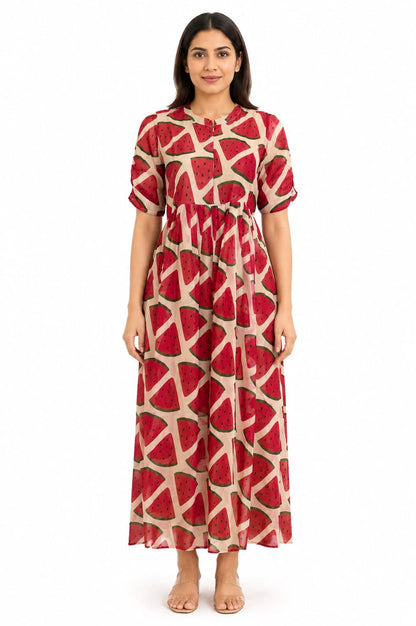 Peach Beige Watermelon Print Center Zip Maxi