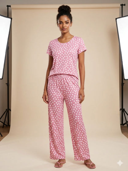Spun Fabric Pink Polka Dot Print T-shirt and Palazzo Set