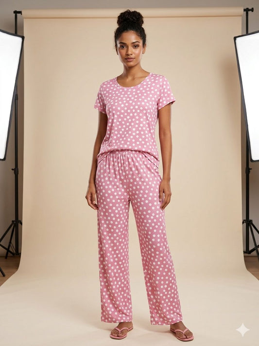 Spun Fabric Pink Polka Dot Print T-shirt and Palazzo Set