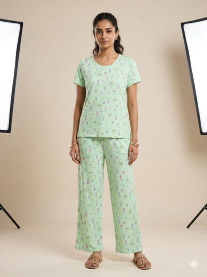 Spun Fabric Mint Green Plant Pot Printed T-shirt and Palazzo Set