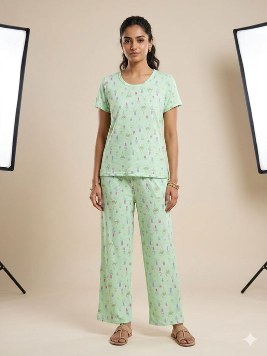 Spun Fabric Mint Green Plant Pot Printed T-shirt and Palazzo Set