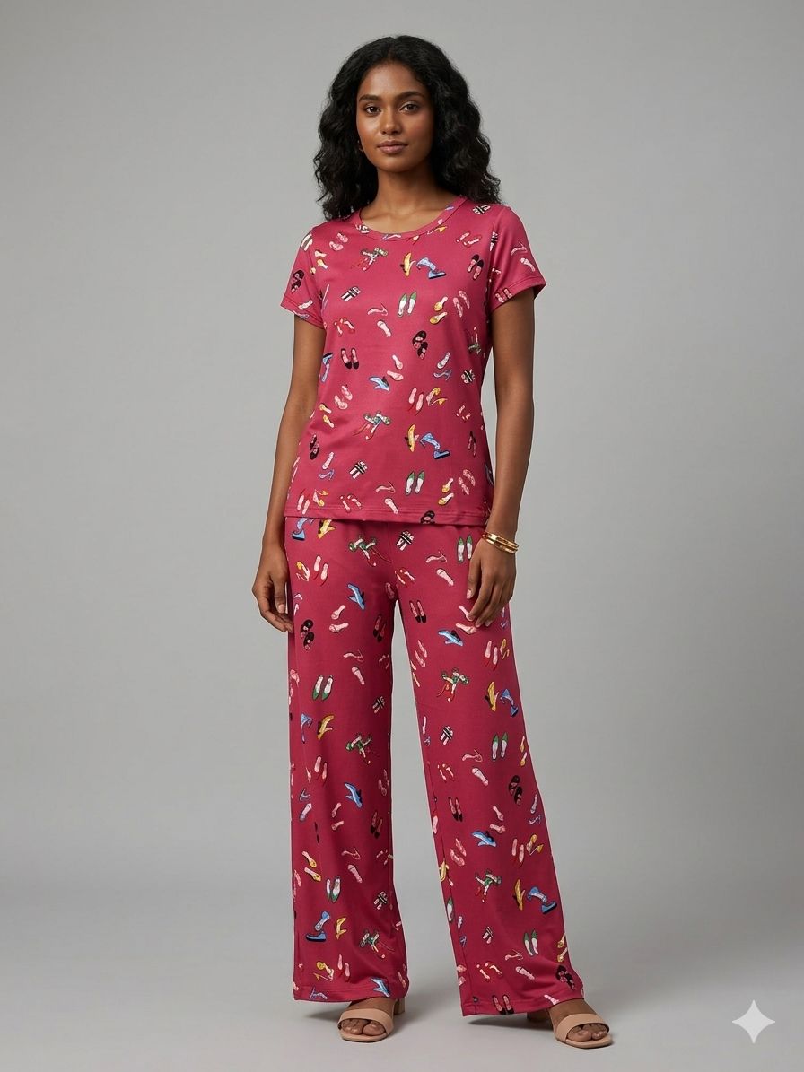 Spun Fabric Pink Footwear Print T-shirt and Palazzo Set