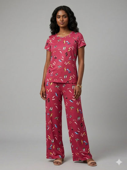 Spun Fabric Pink Footwear Print T-shirt and Palazzo Set