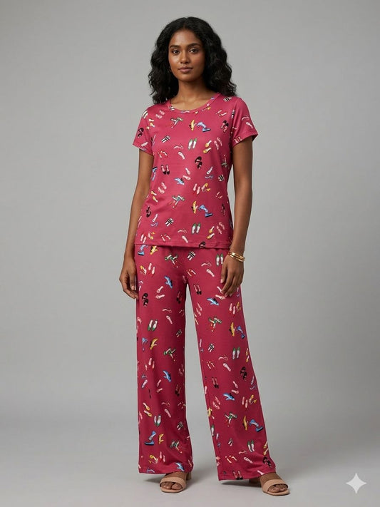 Spun Fabric Pink Footwear Print T-shirt and Palazzo Set