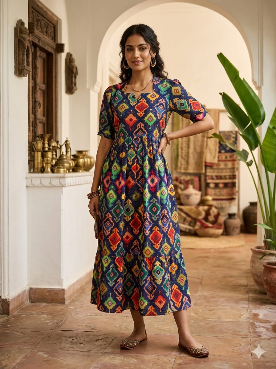 Navy Blue With Geometric Diamond Printed Outdoor Blended Cotton Non Feeding Maxi