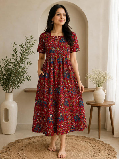 Maroon Elephant Floral Kalamkari Feeding Maxi