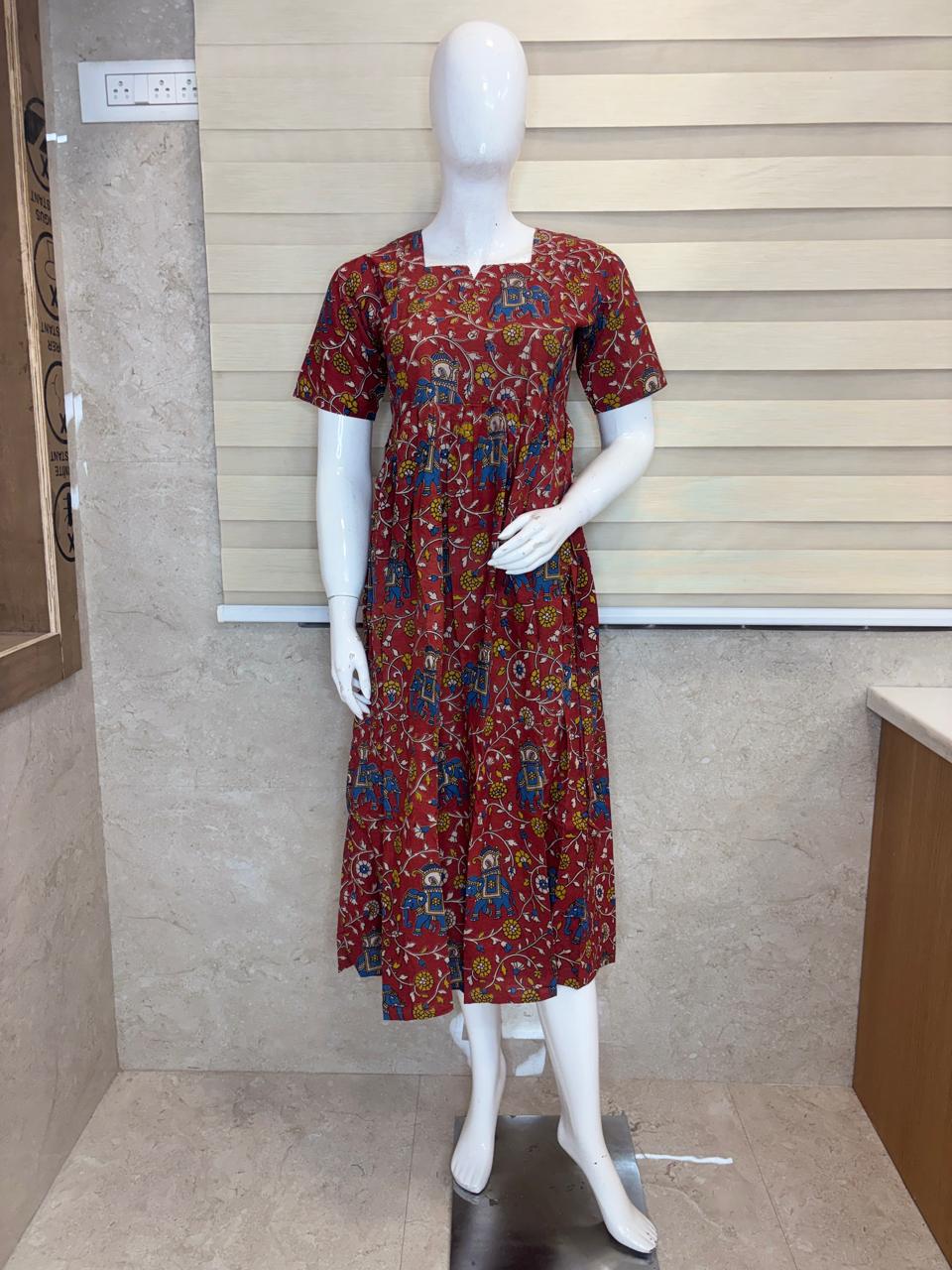 Maroon Elephant Floral Kalamkari Feeding Maxi