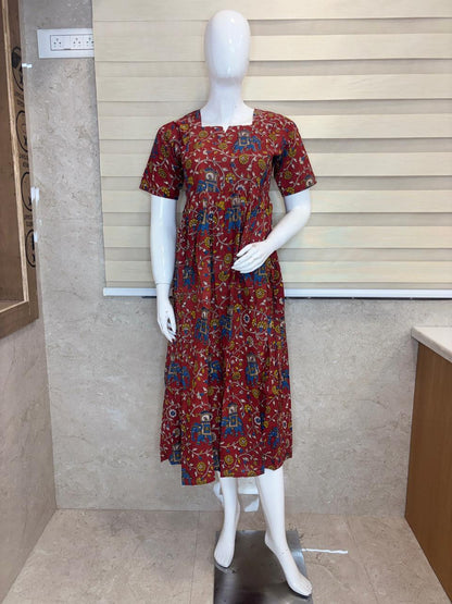 Maroon Elephant Floral Kalamkari Feeding Maxi