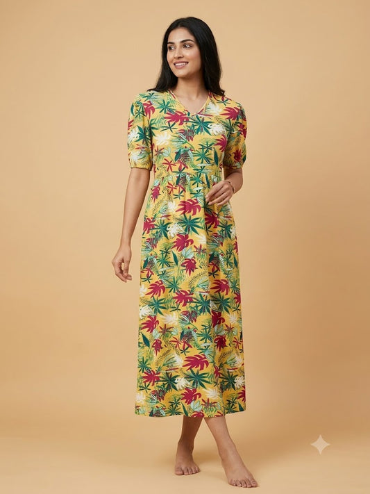 Yellow with Tropical Floral Printed V-Neck Lounge Frock