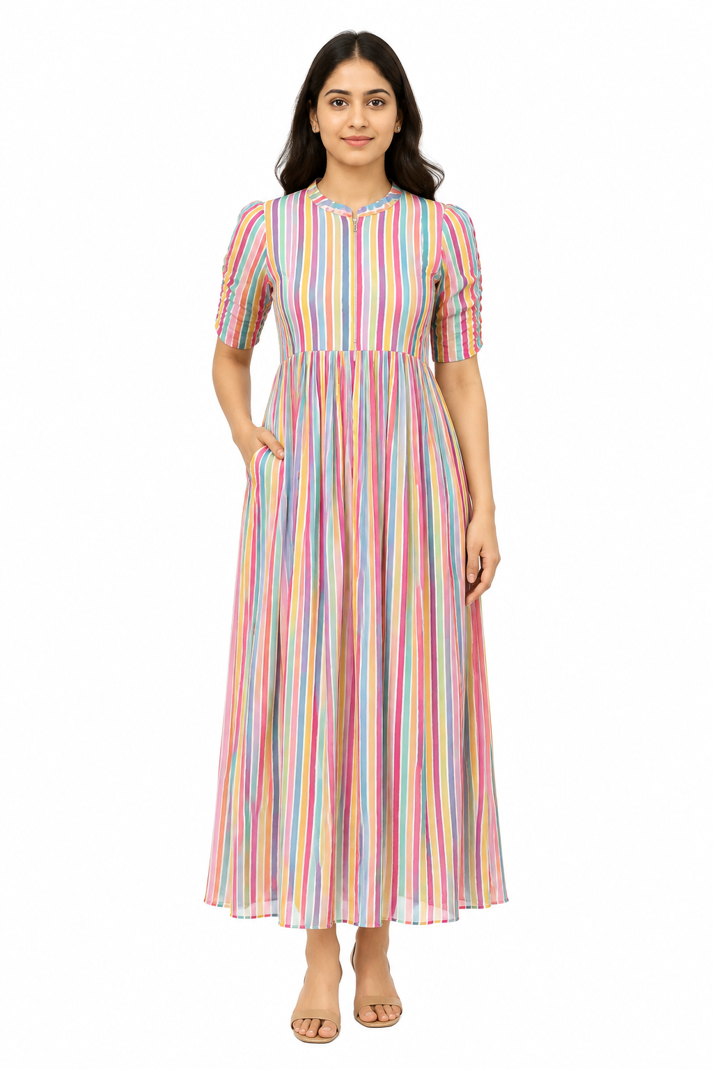 Multicolor Vertical Stripe Print Center Zip Georgette Maxi