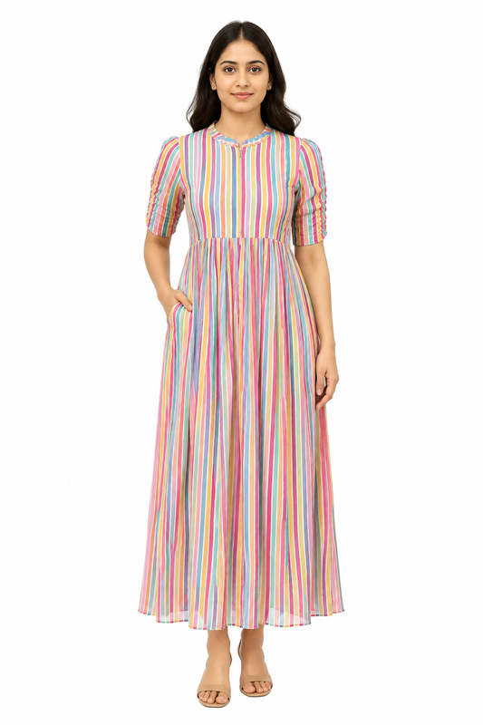 Multicolor Vertical Stripe Print Center Zip Georgette Maxi