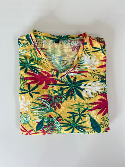 Yellow with Tropical Floral Printed V-Neck Lounge Frock