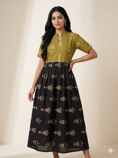 Olive Green Warli Print Cotton Maxi