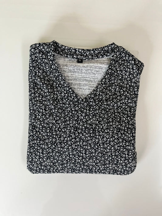 Black with White Small Floral Printed V-Neck Lounge Frock