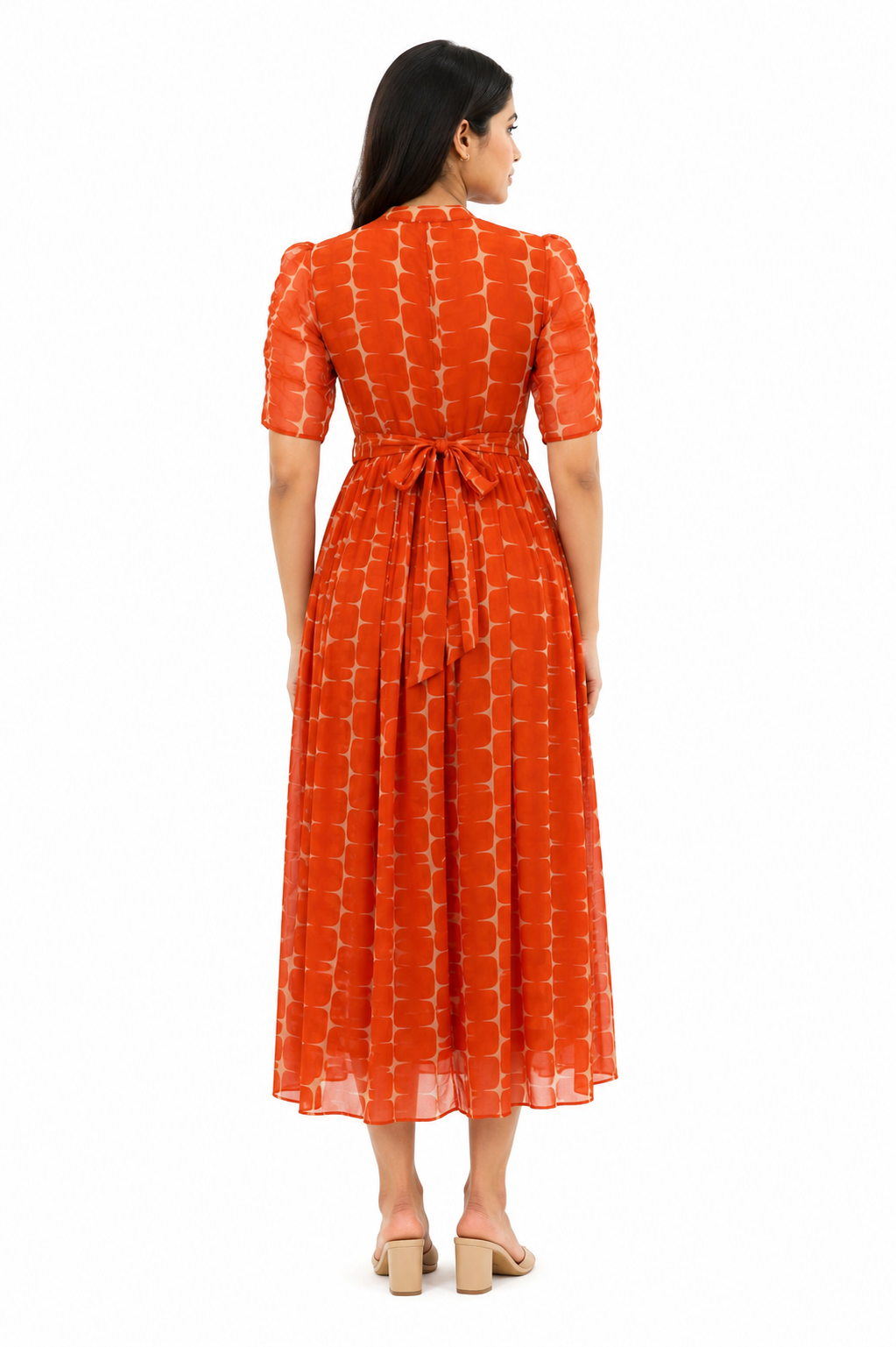 Burnt Orange Abstract Print Center Zip Georgette Maxi