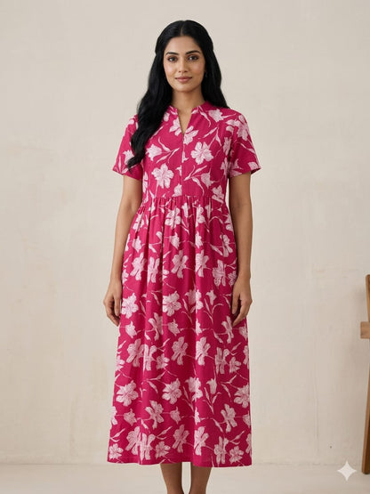 Magenta Floral Print Cotton Maxi