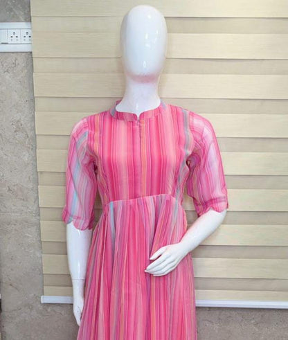 Hot Pink Multicolor Stripe Print Center Zip Maxi Dress