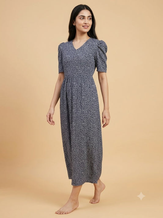 Black with White Small Floral Printed V-Neck Lounge Frock