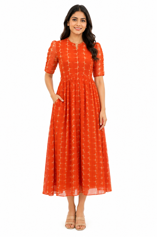 Burnt Orange Abstract Print Center Zip Georgette Maxi