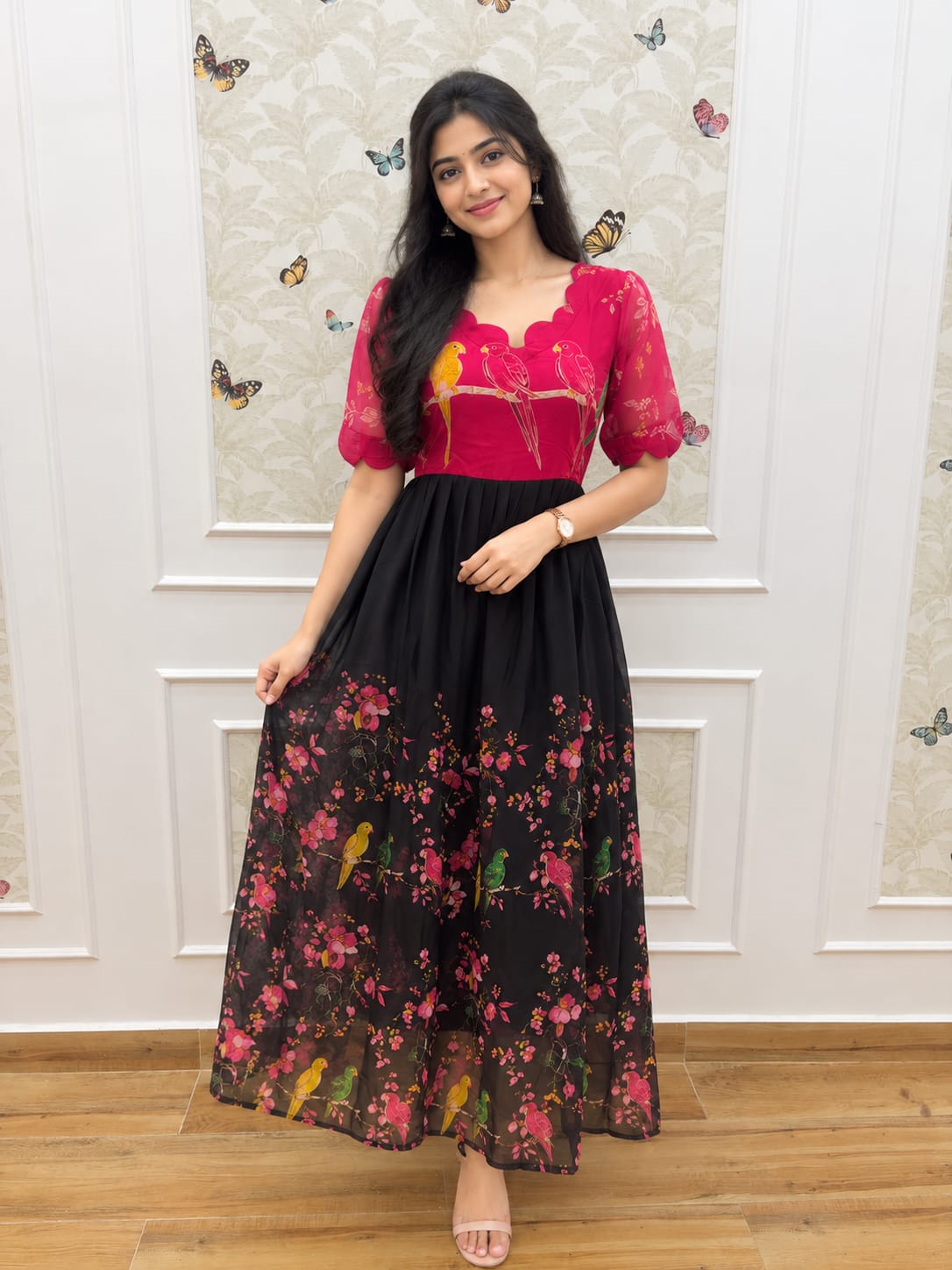 Magenta & Black Floral Parrot Georgette Non-Feeding Maxi
