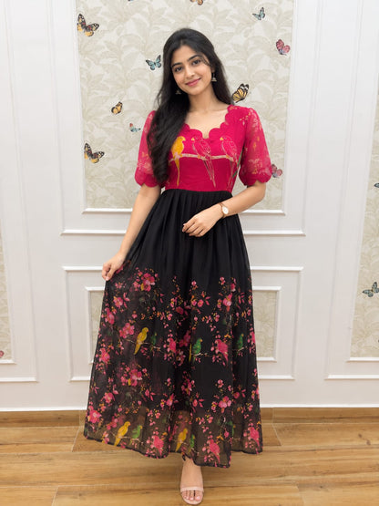 Magenta & Black Floral Parrot Georgette Non-Feeding Maxi