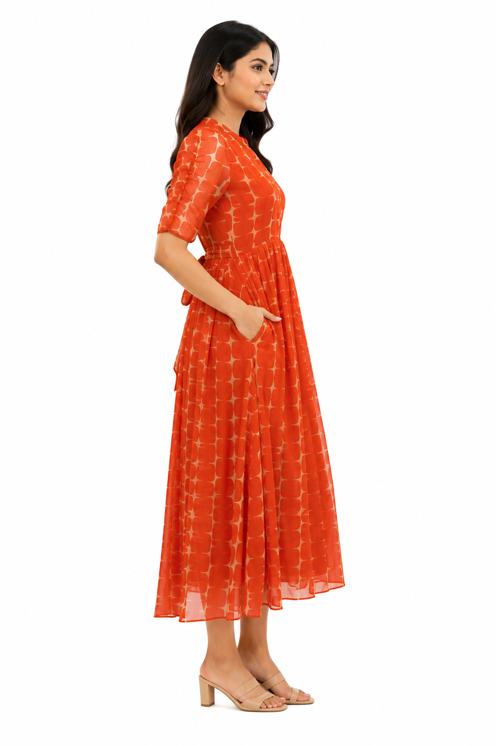 Burnt Orange Abstract Print Center Zip Georgette Maxi