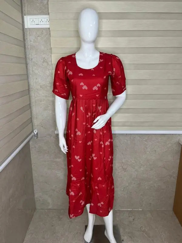 Red With Heart Printed Outdoor Blended Cotton Non Feeding Maxi
